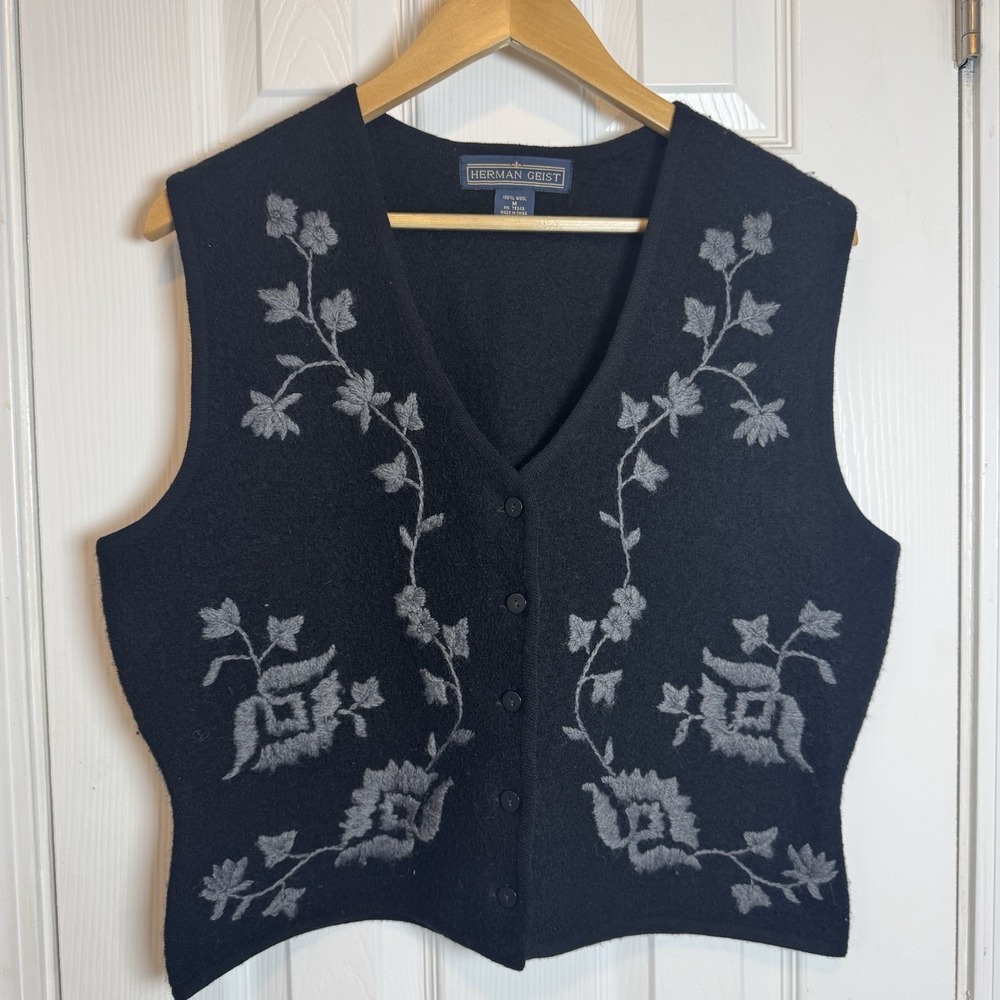 Herman Geist Wool Vest with Embroidered‎ Flowers Size Medium
